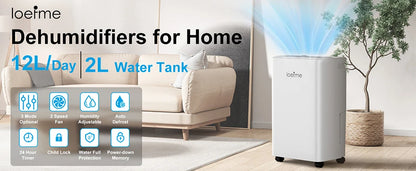 LOEFME 2L Dehumidifier Moisture Absorbers Home Air Dryer Electric Dehumidifier 12L/Day Dehumidification Timer 3 Modes W/ 3M Hose.