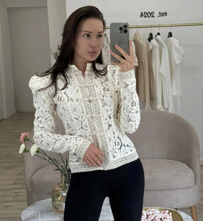 Tuularose Luxury Lace Blouse Fashion Lace Print Single Breasted Slim Shirt Vintage Elegant Party Looks Summer Women Blouse Tops