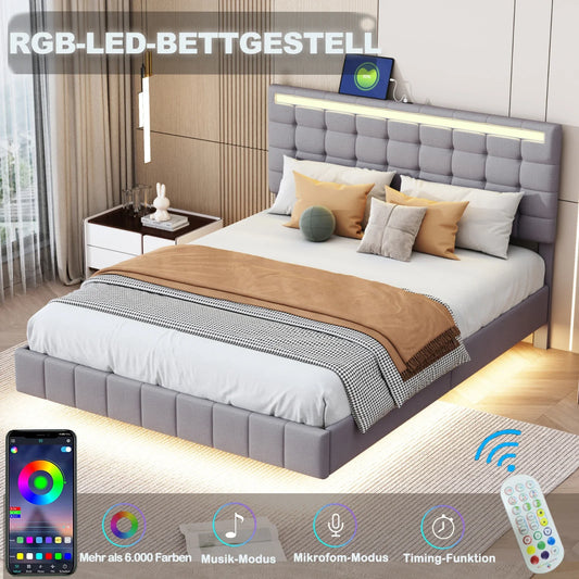 Rosahqnda Polsterbett 160 x 200 cm, Doppelbett mit LED- und USB-Anschluss, schwebender Bettrahmen, Beige, Leinen