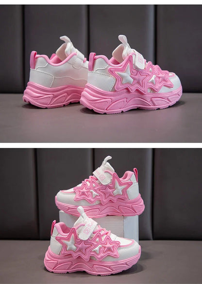Children Casual Shoes for Girls Fashion Classic with Stars Girls Sports Running Sneakers Breathable PU + Rubber Anti-skid Soft.