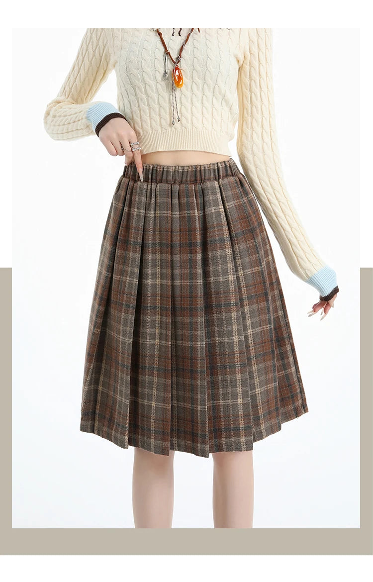 Preppy Style Woolen Pleated Plaid Skirt Women Fall Winter Retro Elastic High Waist Skirts Female Japanese A Line Faldas 2025 New.