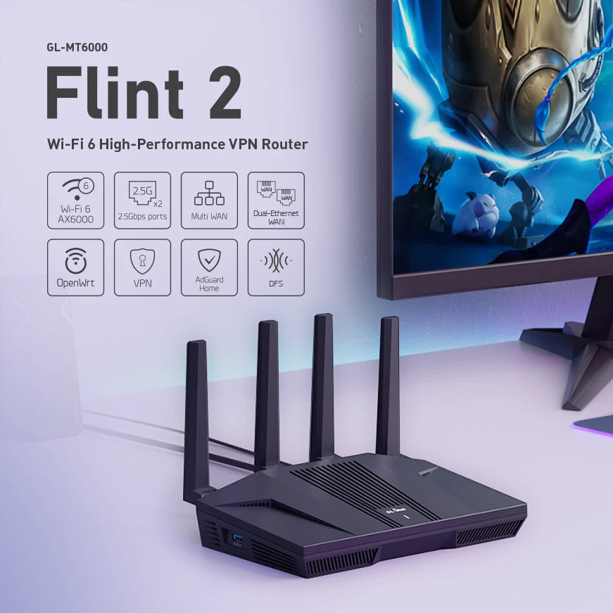 GL.iNet Flint 2 (GL-MT6000) home and office router, 8-Stream Wi-Fi 6 technology,OpenWrt,2.5G Ethernet ports,Parental control.