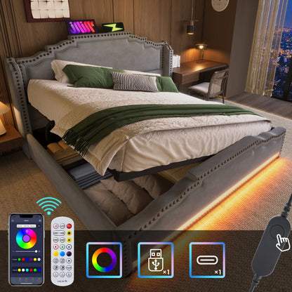 KOMHTOM Doppelbett Samt, Hydraulischer Stauraum, LED-Beleuchtung, USB-C-Ladeanschluss, ohne Matratze