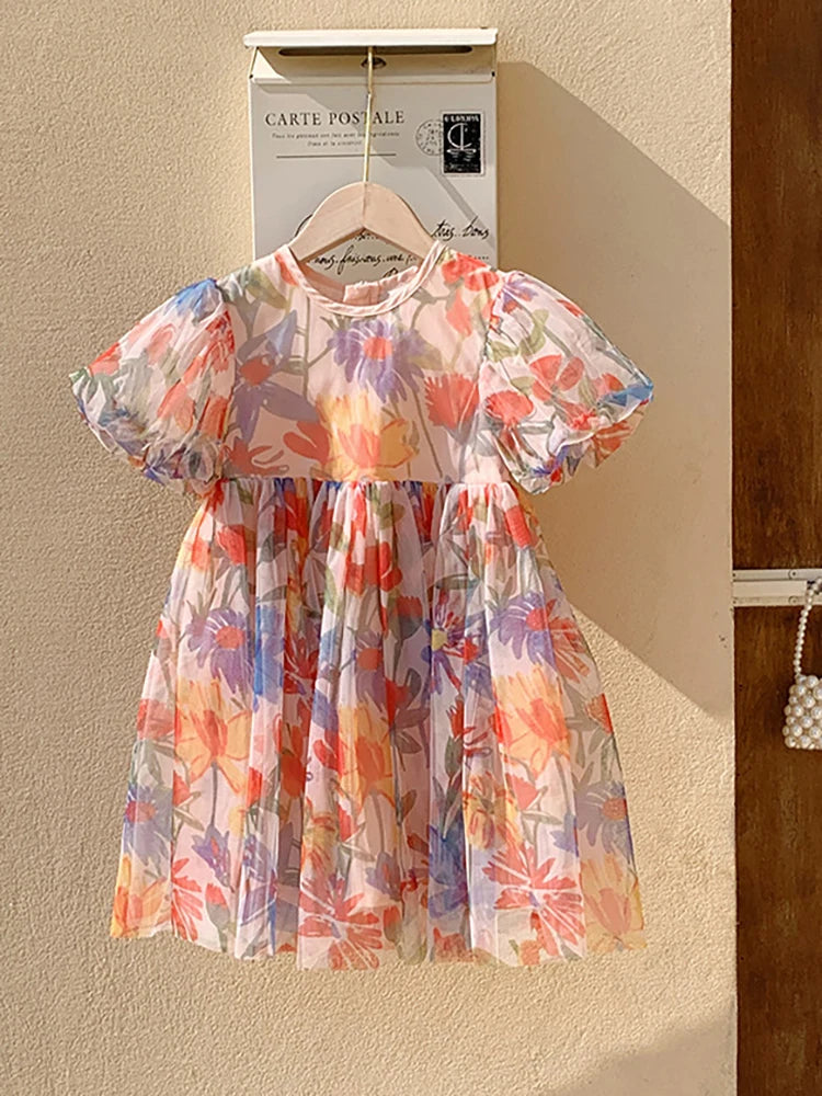2023 sommer Kinder Kleidung Puff Sleeve Blumen Druck Kleid Für Mädchen Mesh Kinder Kleid für Mädchen