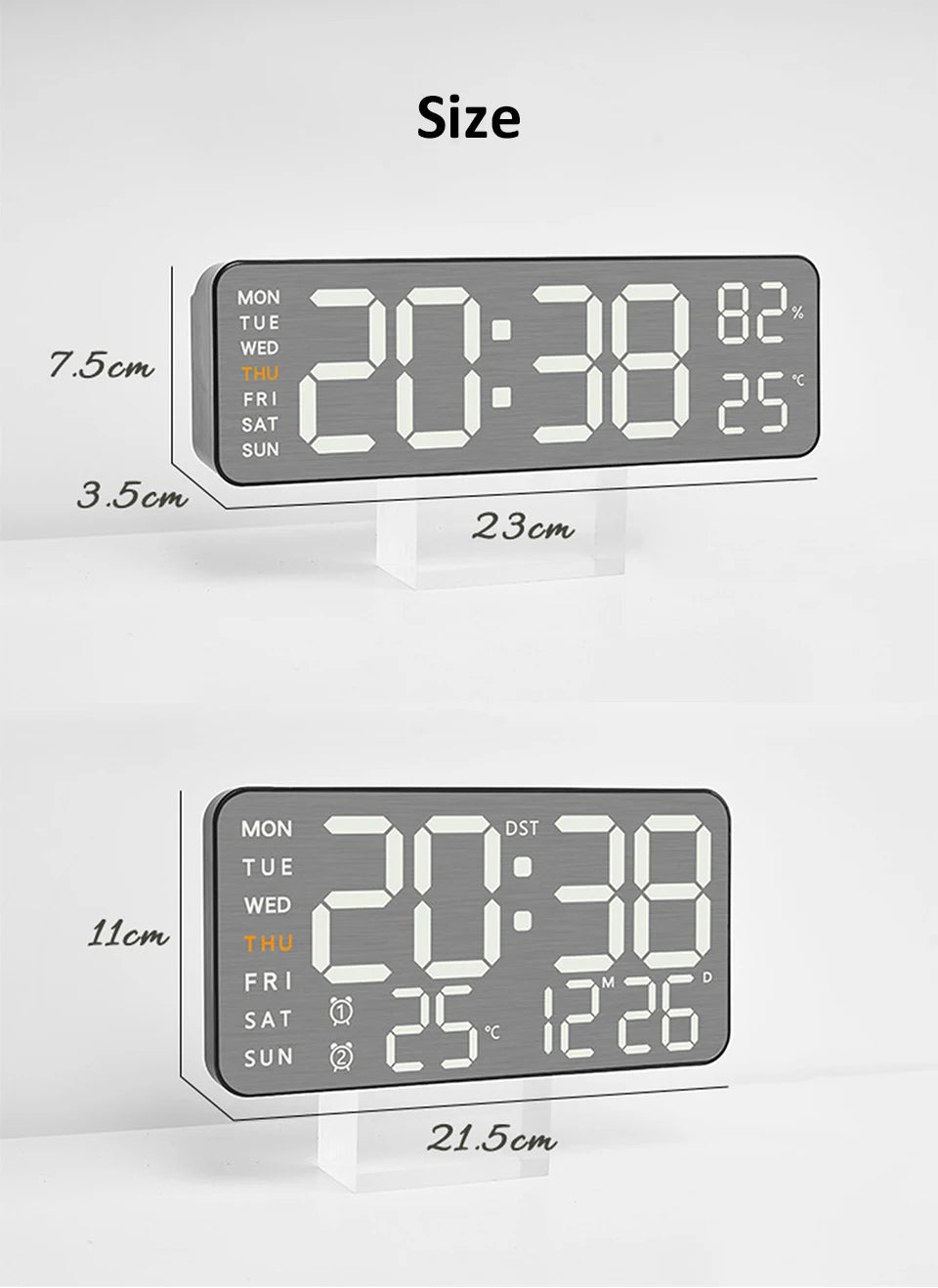 Wanduhr mit Spiegel-Bürsten-Finish, Premium-Gefühl, geräuschlos, Wanduhr, Tischwecker, Temperaturanzeige, Schlafzimmer, Büro, Wohnzimmer, Dekoration