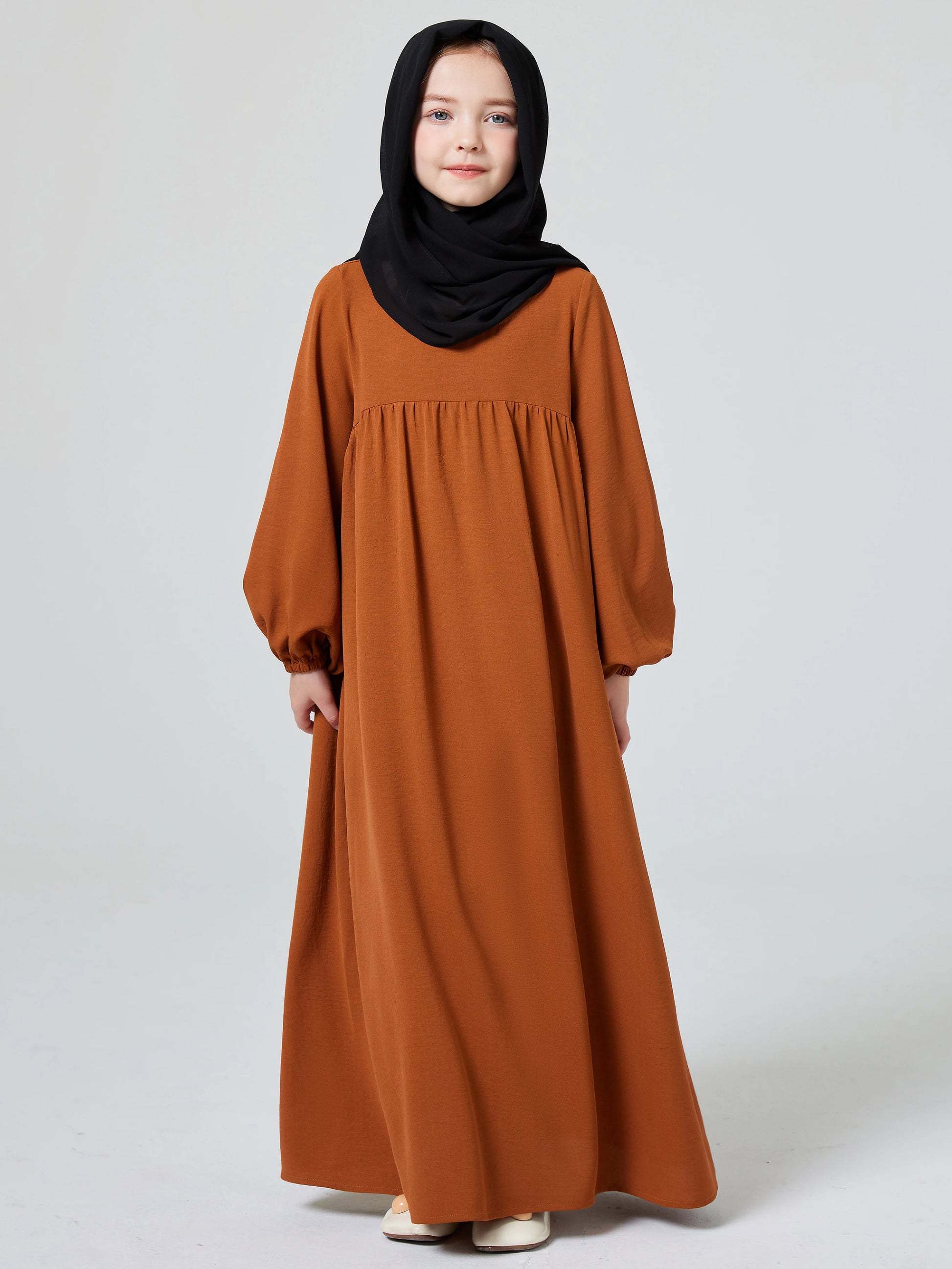 Kids Abaya Ramadan Muslim Dubai Elegant Girl's Solid Crew Neck Long Sleeve Kaftan Kebaya Dress For Party Pray Gift.