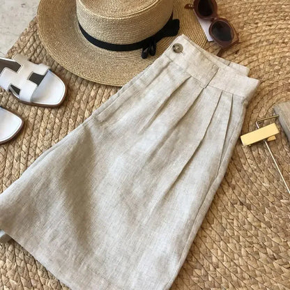 Korean Office Lady Summer Women's Solid Color Linen Zipper Pockets Fashion Casual Loose High Waist A-line Wide Leg Shorts.