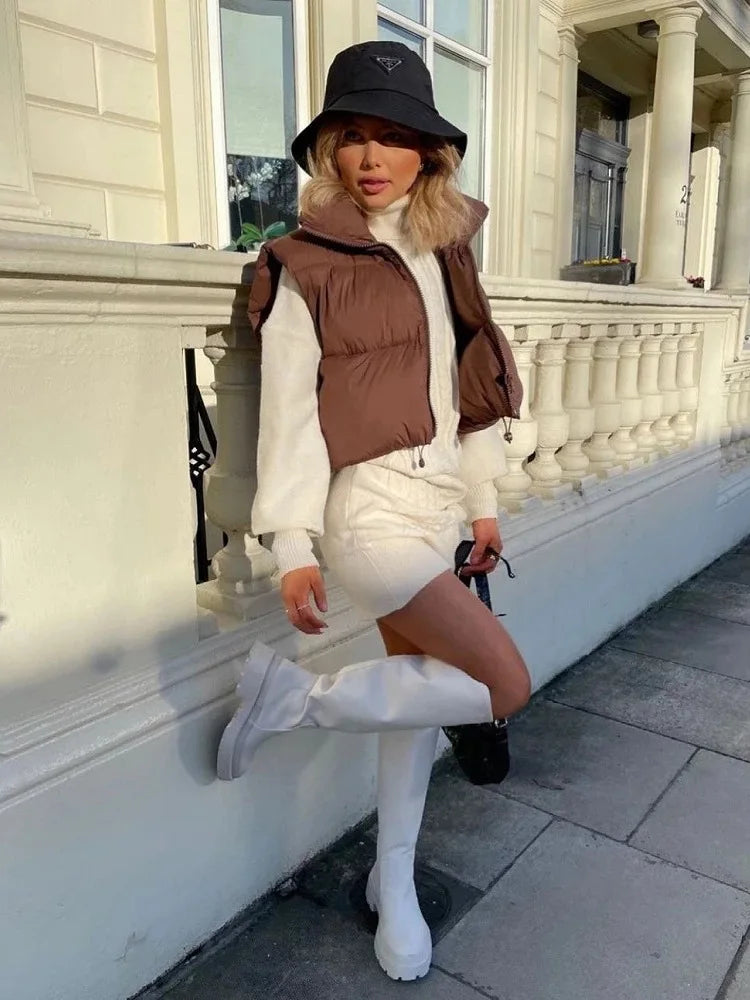 Herbst Winter Kurze Baumwolle Weste Elegante Solide Zipper Ärmel Stehkragen Warme Stepp Weste Mäntel Reise Jacke Im Freien