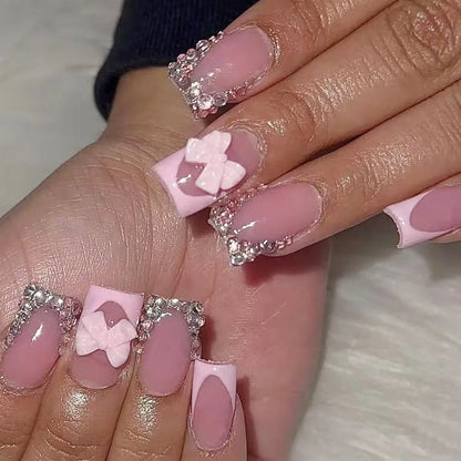 Blush Pink False Nails Bowknot Diamond Pearl 3D Design Press on Nail Tips with Harmless Smooth Edge Nails Woman DIY Fake Nails