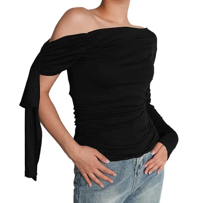 Y24TP610 Women's Autumn New Solid Color Crossbody Single Shoulder Top Sexy Asymmetric Single Sleeve T-Shirt From China.
