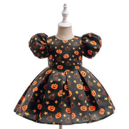 Kleinkind Halloween Kostüm Mädchen Cosplay Hexe Kürbis Skelett Druck Bowknot Kleid Kinder Festival Party Performance Kleidung