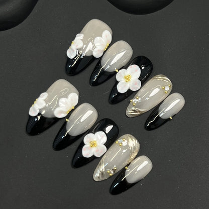 10Pcs Handmade Press On Nails Simple DIY Manicure Almond Black French Tips Fake Nails 3D White Flower Designs False Nails Art.