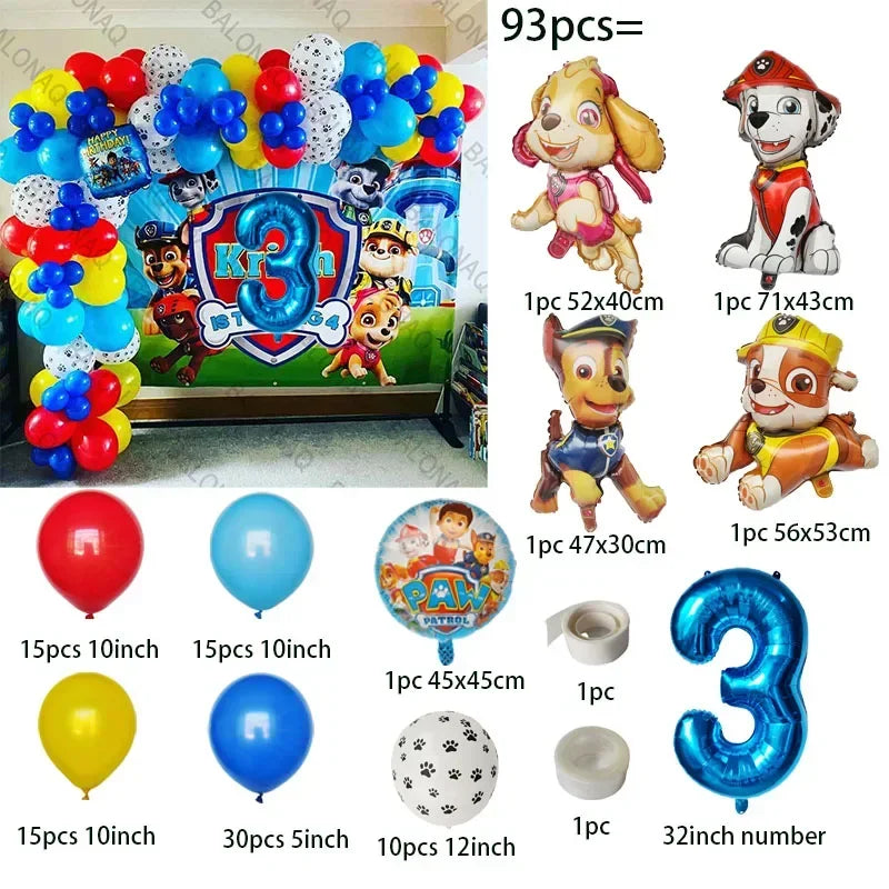 93PCS Dog Theme Party Set Birthday Party Decoration Paw Patrol Skin Dog Paw Balloon Bone Aluminum Film Balloon Decoration