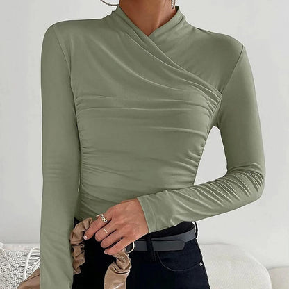 Sexy Elegant Fall Winter Long Sleeve Cross Pleated Pullover Women's Modal Solid Color Irregular Tops Street Daily Versatile Tees.