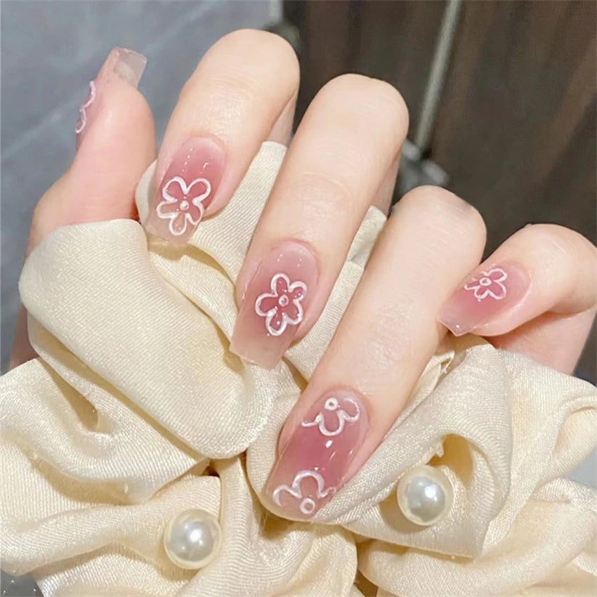 24Pcs/Set White Peach Oolong Gentle French Press on Nail Blush Halo Short Frosted Wearing False Nails Removable Fake Nail Art.