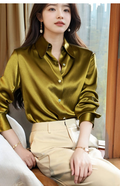 High Quality Silkly Satin Women's Shirt Office Ladies Long Sleeve Blouses Polo Neck Gold shirt Button Luxury Casual women tops.