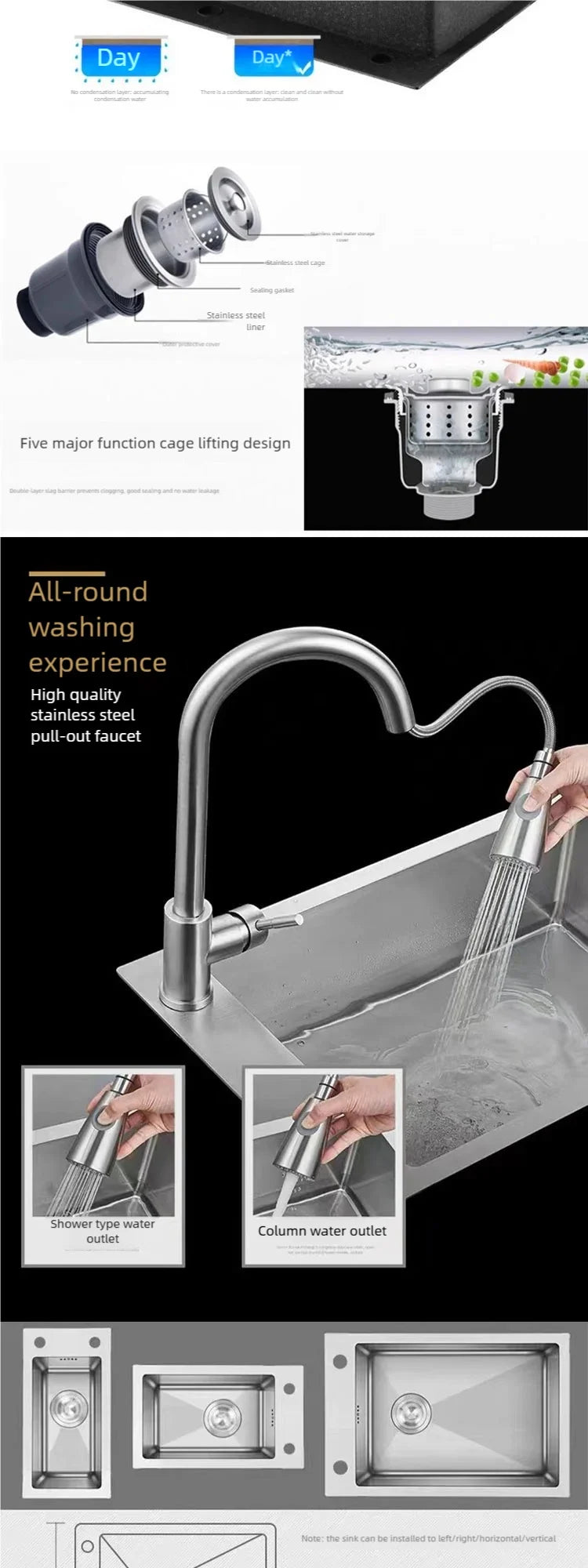 Stainless Steel Kitchen Sink Transversal Side Holes Large Size Single Slot Household Cafeteria Dish and Wash Vegetable Basin