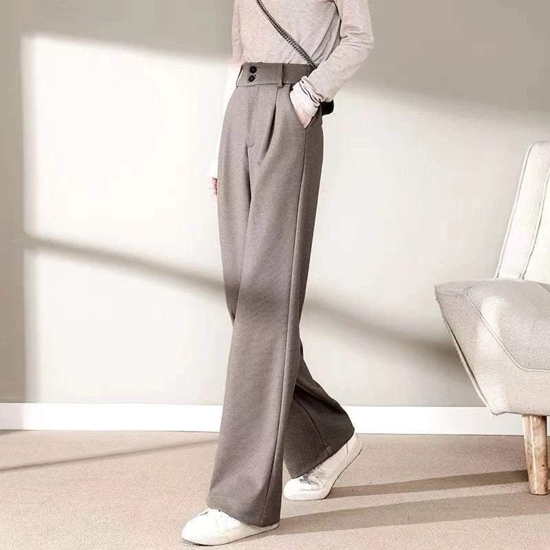 2024 Autumn Winter Women Concise Woolen Pants Lady Wide Leg Designer Outside Trousers Female Thicken High Waisted Draping Pants.