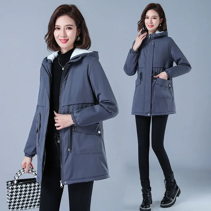 Fleece-gefütterte Kapuze, Daunenjacke, Wintermantel für Damen, warme, mit Kordelzug gepolsterte Parkas, mittellanger Mantel, Streetwear, gepolsterte Kleidung