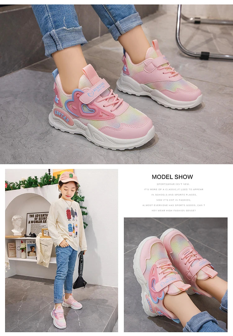 Girls Sports Shoes Kids Running Shoes Pink Breathable Air Mesh Heart Sweet Sneakers Cute Hook & Loop Children's Casual  Shoes.