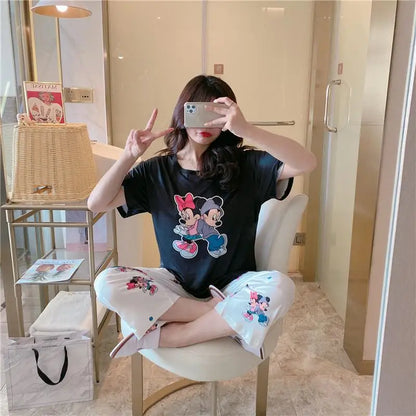 Sommer Pooh Bär Nachtwäsche frauen Lose Bequeme Cartoon Print Hause Kleidung Set Kurzarm Nachthemd Mickey Pyjama Set