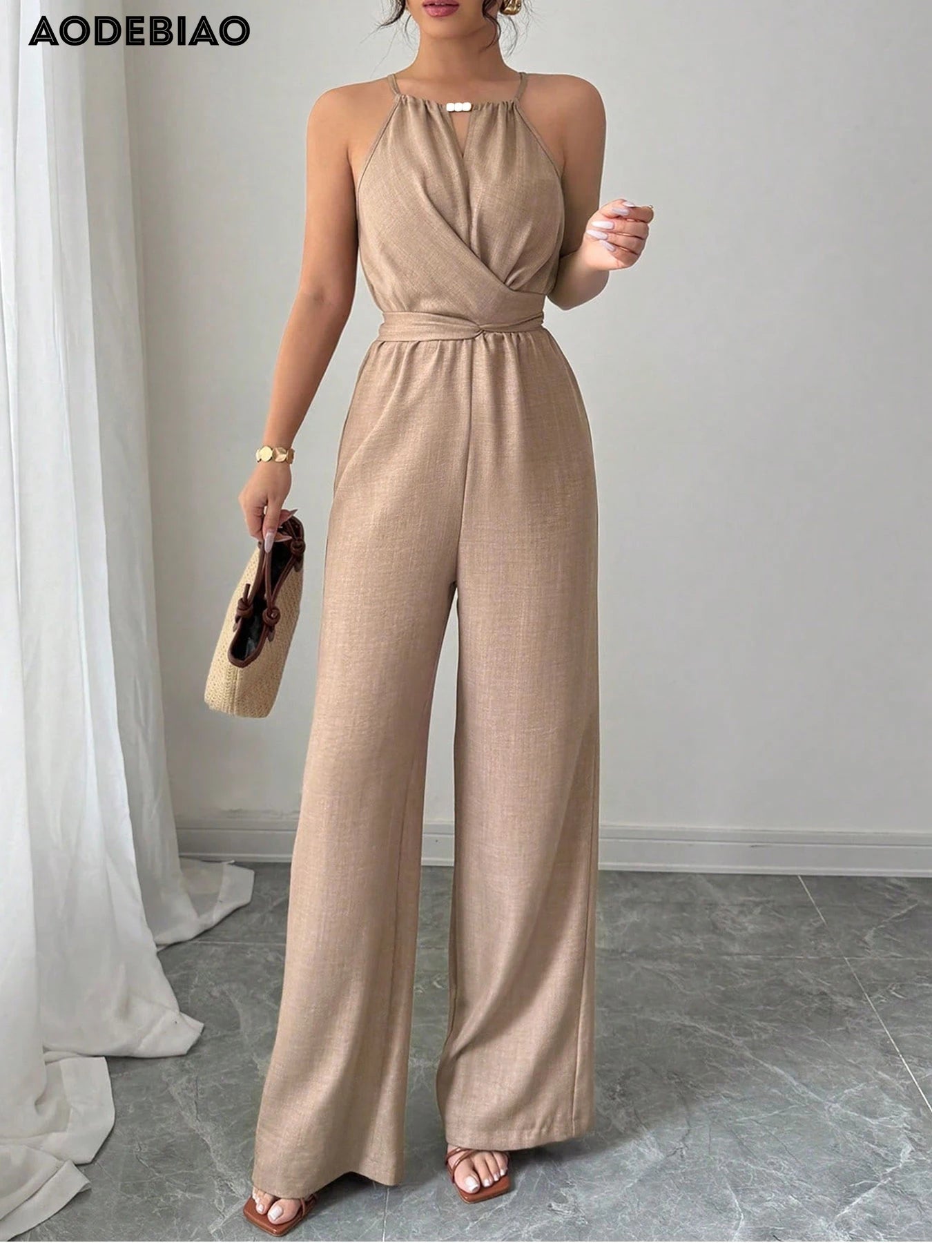 Women's Jumpsuits Summer Sleeveless Solid Fashion Bandage O- Neck Sexy Slim Folds Jumpsuits Casual Streetwear Simple Jumpsuits.