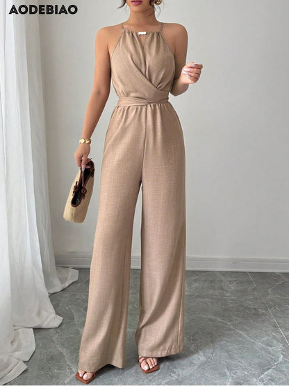 Women's Jumpsuits Summer Sleeveless Solid Fashion Bandage O- Neck Sexy Slim Folds Jumpsuits Casual Streetwear Simple Jumpsuits.