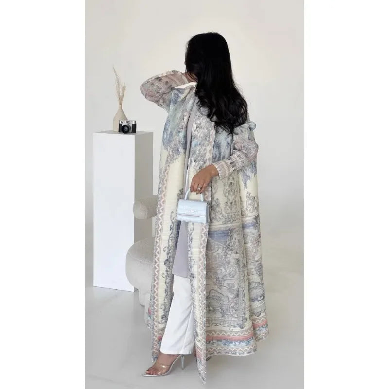 Abaya Miyake Pleated Printed Robe Jacket Arabian Dubai Style Women's Long Sleeve Conservative Demure Muslim Trench Coat 55inches