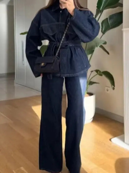 Retro Classic Denim Jacket Pants 2pcs Set Strap Coat Women Straight Leg Pants Autumn Stylish Women's Casual Suit.