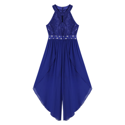 Sommer Mädchen Ärmellosen Chiffon Maxi Kleid Shiny Perlen Spitze Gebaut-in Shorts Party Kleid für Hochzeit Geburtstag Dance Leistung