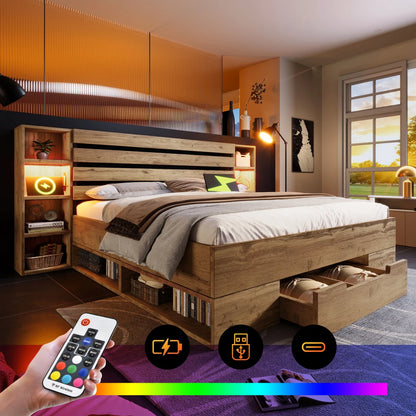 Bett mit gepolstertem Bettsystem mit Leselampe und USB-C-Nachttisch und Sitzbank mit Stauraum (ohne Matratze)