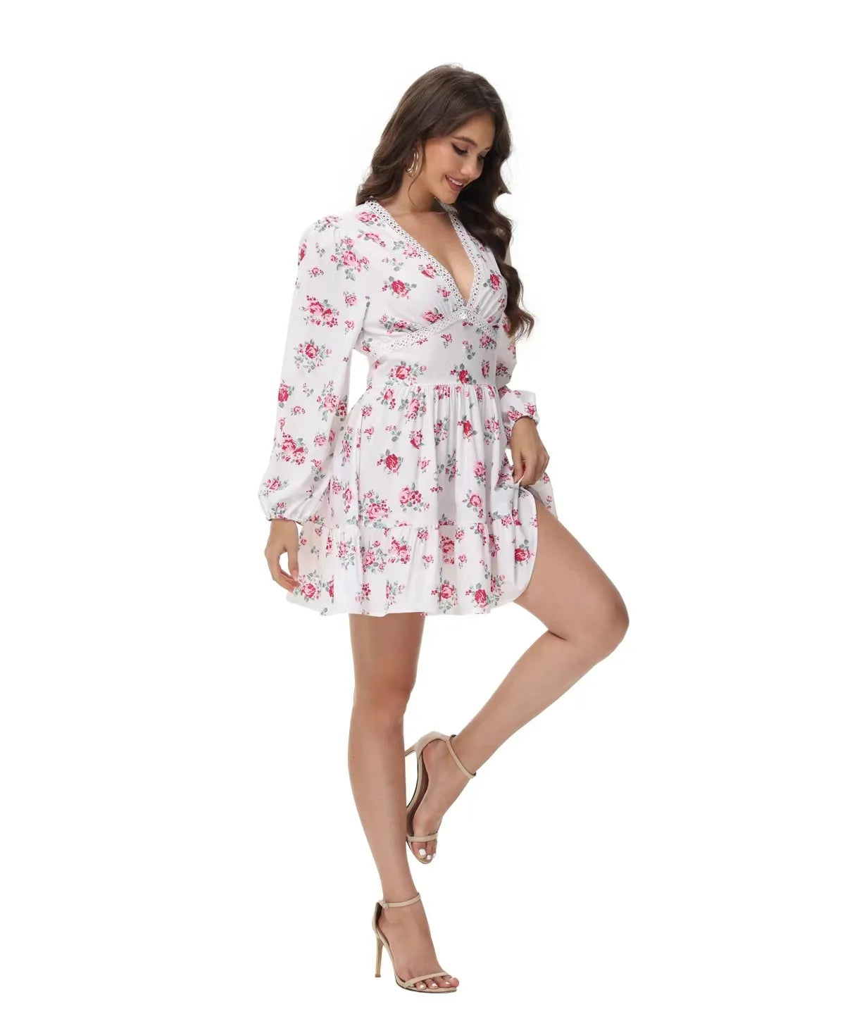 Frühling Herbst frauen Neue Kleid Temperament Süße Druck V-ausschnitt Laterne Hülse Spitze Hohe Taille Kurzes Kleid