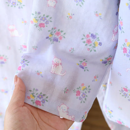 Spitzen-Design, Rundhals-Pyjama-Set aus Baumwolle, doppellagig, Gaze, für Damen, vier Jahreszeiten, dünne, langärmelige Hosen, Strickjacken, Kleidung.