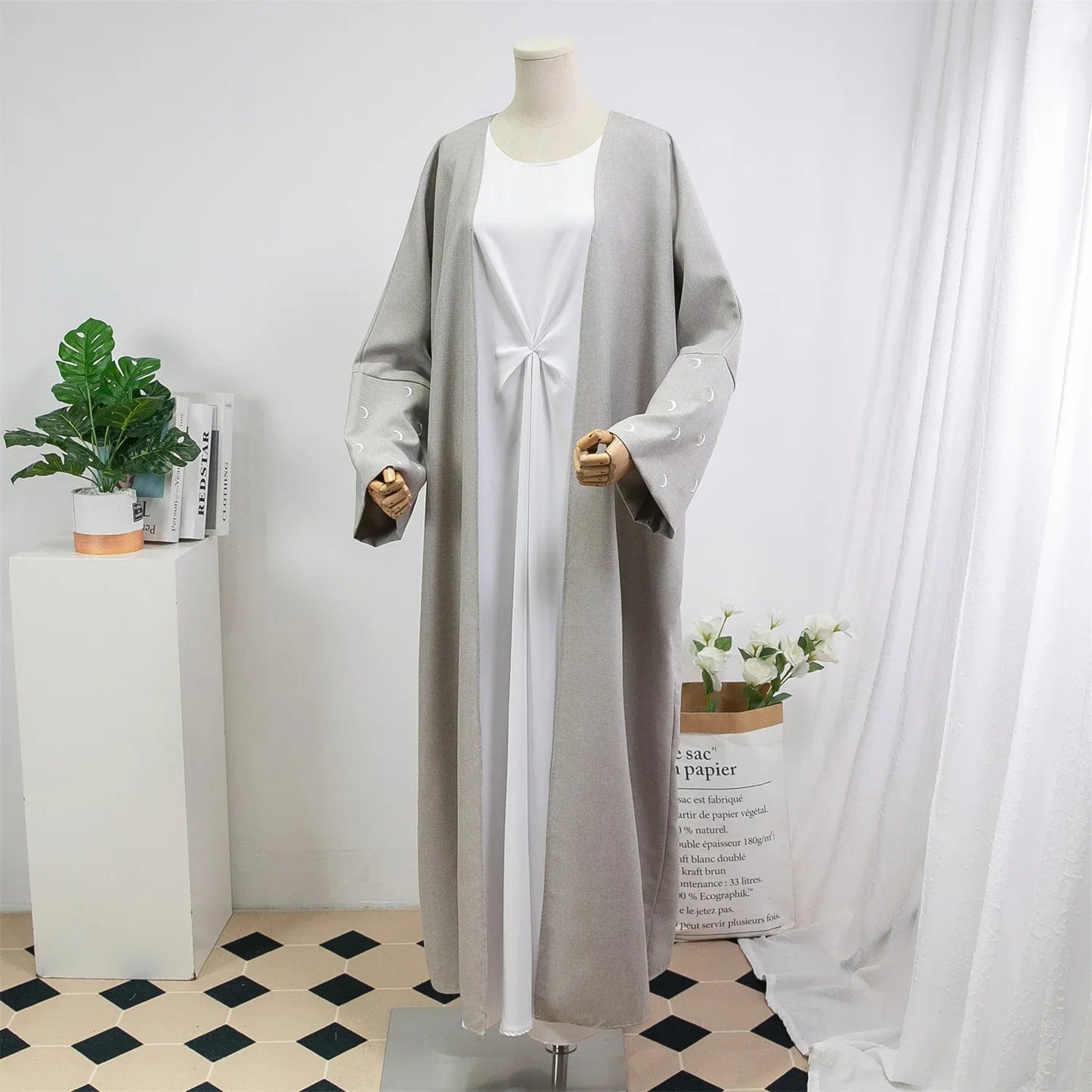 Muslimische Abayas lose Kaftan Frauen islamische Kleidung Mond Stickerei offene Front Abaya Langarm Maxi Länge Kleid Frauen Jilbabs | H&D Shop