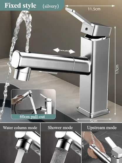 Pull Out Bathroom Faucet Hot and Cold Water Mixer Basin Sink Three Mode Water Outlet Faucet Washbasin Tap