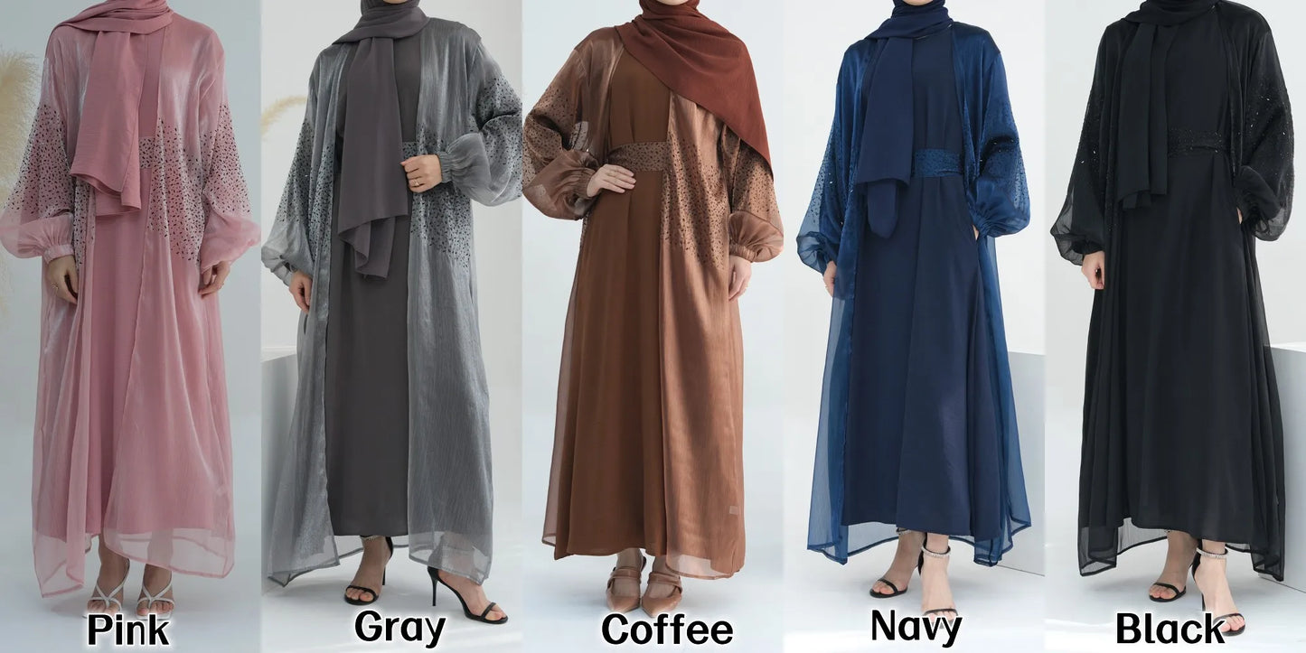 Oem New Design Shinning Polyester Open Abaya and Inner Dress 2 Piece Abaya Set Islamic Clothing Women Muslim Dress.