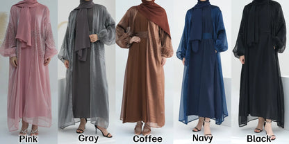Oem New Design Shinning Polyester Open Abaya and Inner Dress 2 Piece Abaya Set Islamic Clothing Women Muslim Dress.