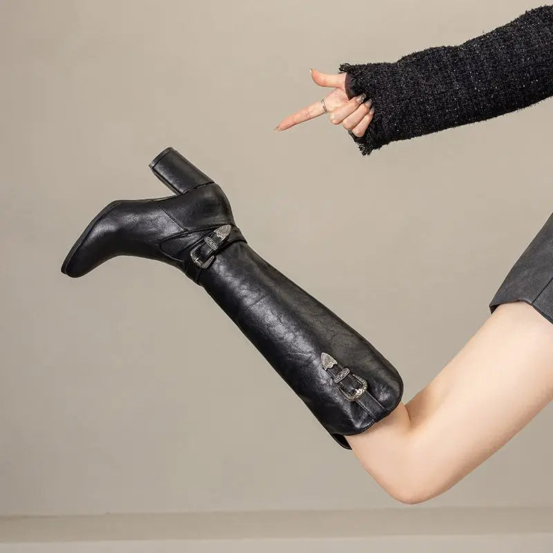 Girseaby British Style Women Knee High Boots Round Toe Block Heel 7.5cm Zipper Plus Size 51 52 Fashion Riding Bota.