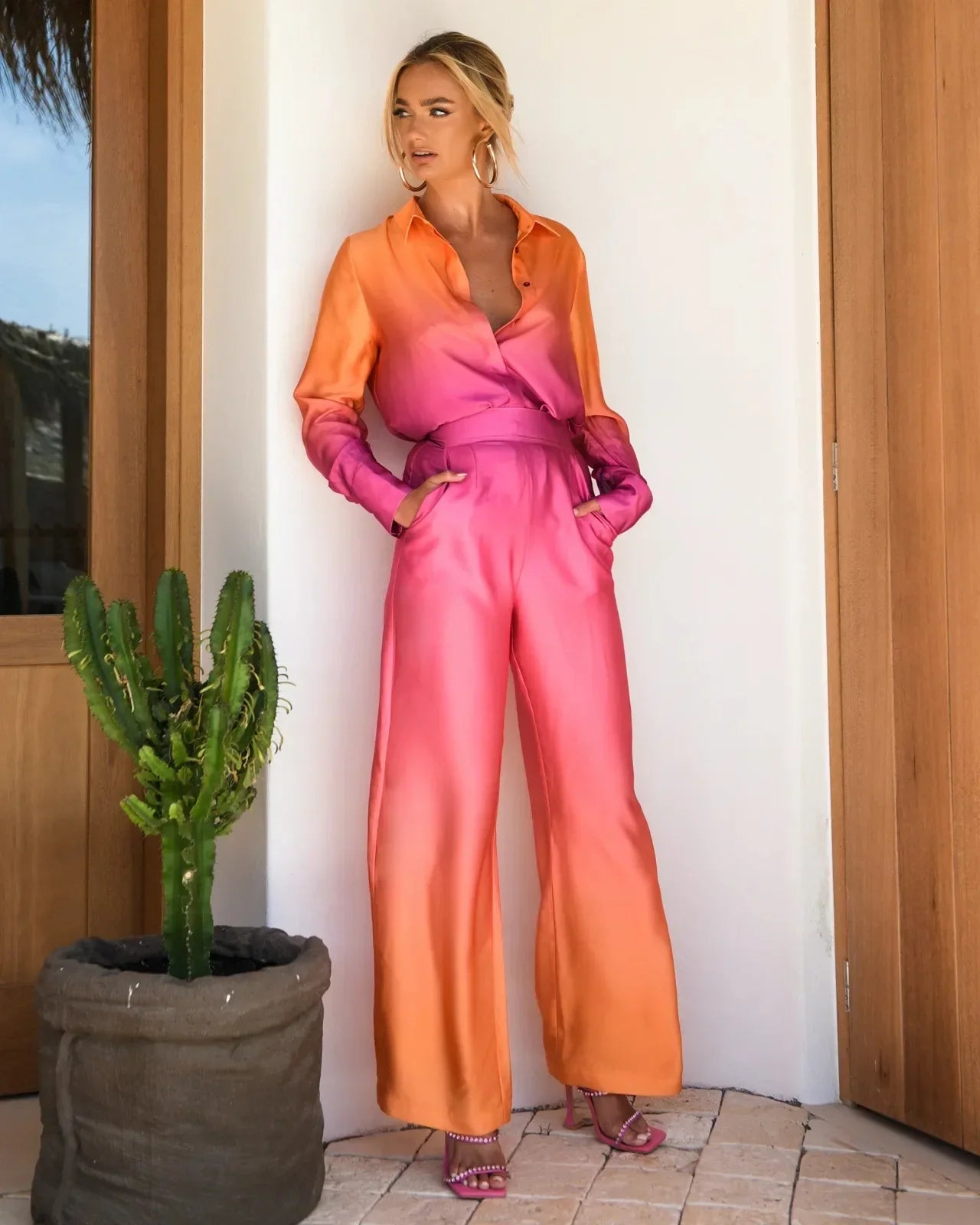 Female Casual Outfit New Summer Print Suits Woman Vintage Printed Long-sleeved Shirt and Loose Wide Leg Pants Set Two Piece Set.