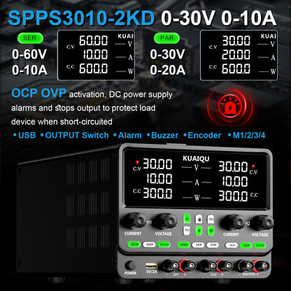 KUAIQU Newest 30V10A Dual Channel Bench Power Supply 3-Way Series-Parallel Output Overvoltage Overcurrent Protection Laboratory.