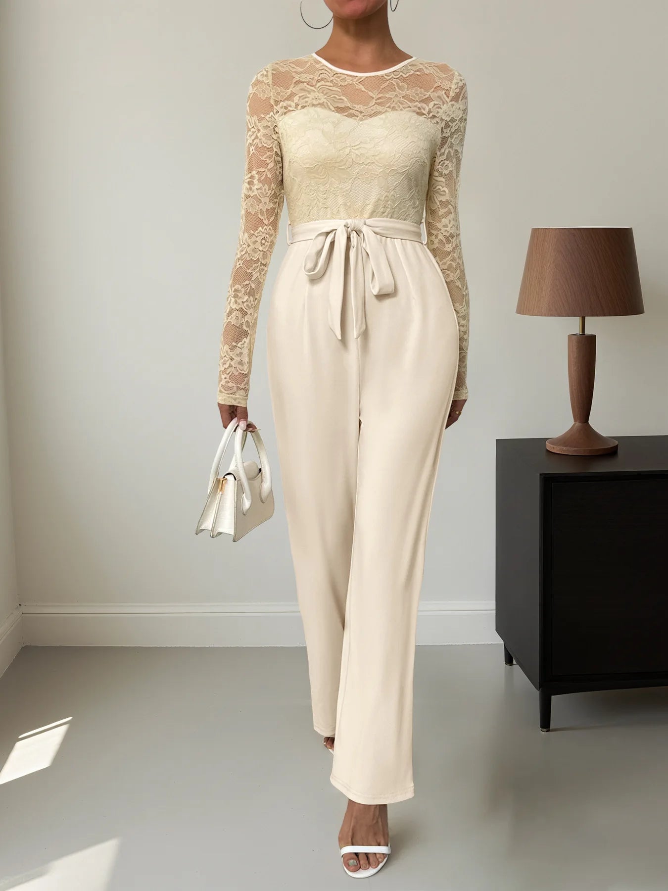 Woman Black Lace Sleeve Jumpsuit Round Neck Belted Waist Ideal for Evening Parties and Cocktail Events