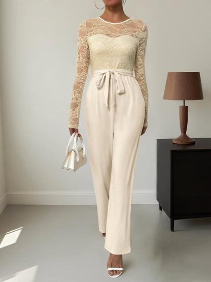 Woman Black Lace Sleeve Jumpsuit Round Neck Belted Waist Ideal for Evening Parties and Cocktail Events