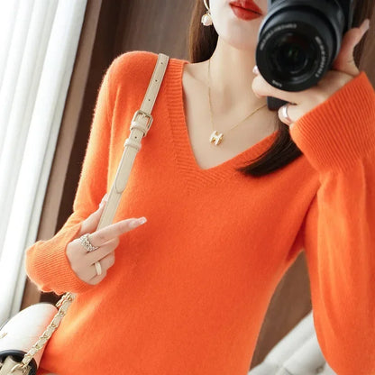 Herbst Winter Frauen Pullover 2025, Koreanische Mode Strickwaren Warme Lange Hülse V-ausschnitt Stricken Pullover Slim Fit Bodenbildung Shirt Jumper
