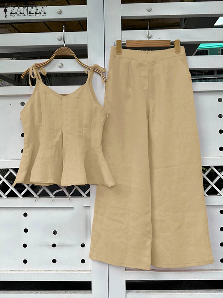 ZANZEA Women Stylish 2 Pieces Pant Sets Spaghetti Straps V-Neck Ruffled Camisole Tops & Wide Leg Pants 2pcs Suits Woman Outfits.