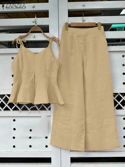ZANZEA Women Stylish 2 Pieces Pant Sets Spaghetti Straps V-Neck Ruffled Camisole Tops & Wide Leg Pants 2pcs Suits Woman Outfits.