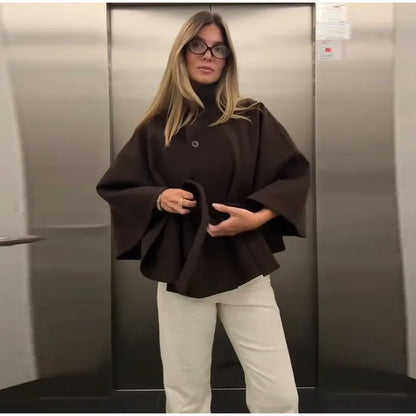 Damenmantel, kurze Cape-Mäntel für Damen, Gürtel, Mäntel aus Kunstwolle und Mischungen, Herbst-Winter, feste Mäntel, elegante Umhangjacke für Damen