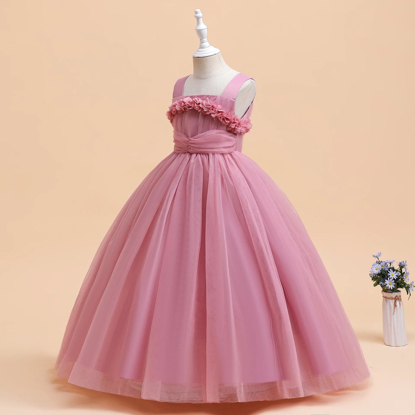 Mädchen Partykleider Weiß Langes Hochzeit Brautjungfer Prinzessin Kleid Abend Tüllkleid Abschlussball Klavier Performance Kleid