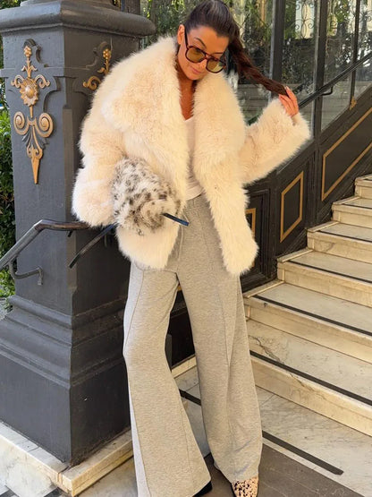 HH2025, Vintage Frauen Abgeschnitten Faux Pelz Jacke Lange Hülse Drehen-unten Kragen Weibliche Plüsch Wolle Mäntel Chic Dame pelz Oberbekleidung