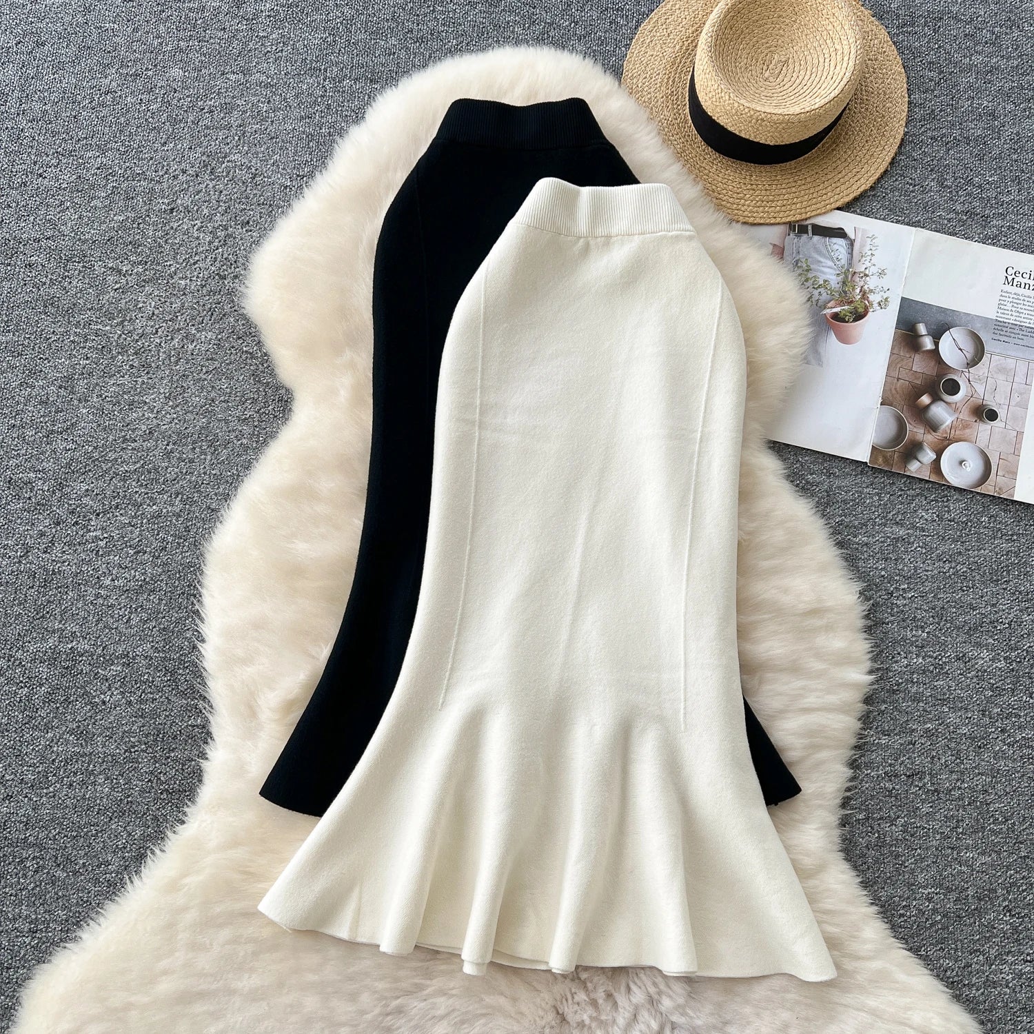 High Waisted Vintage Knitted Skirt Women Ruffled Slit Fishtail Office Midi Skirts Autumn Winter Woolen Skirt.