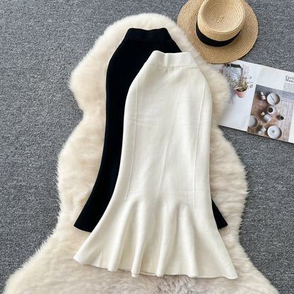 High Waisted Vintage Knitted Skirt Women Ruffled Slit Fishtail Office Midi Skirts Autumn Winter Woolen Skirt.